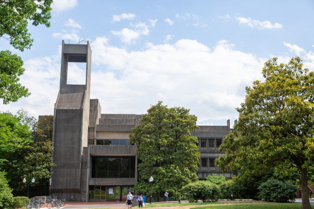 An exterior shot of Lauinger Library